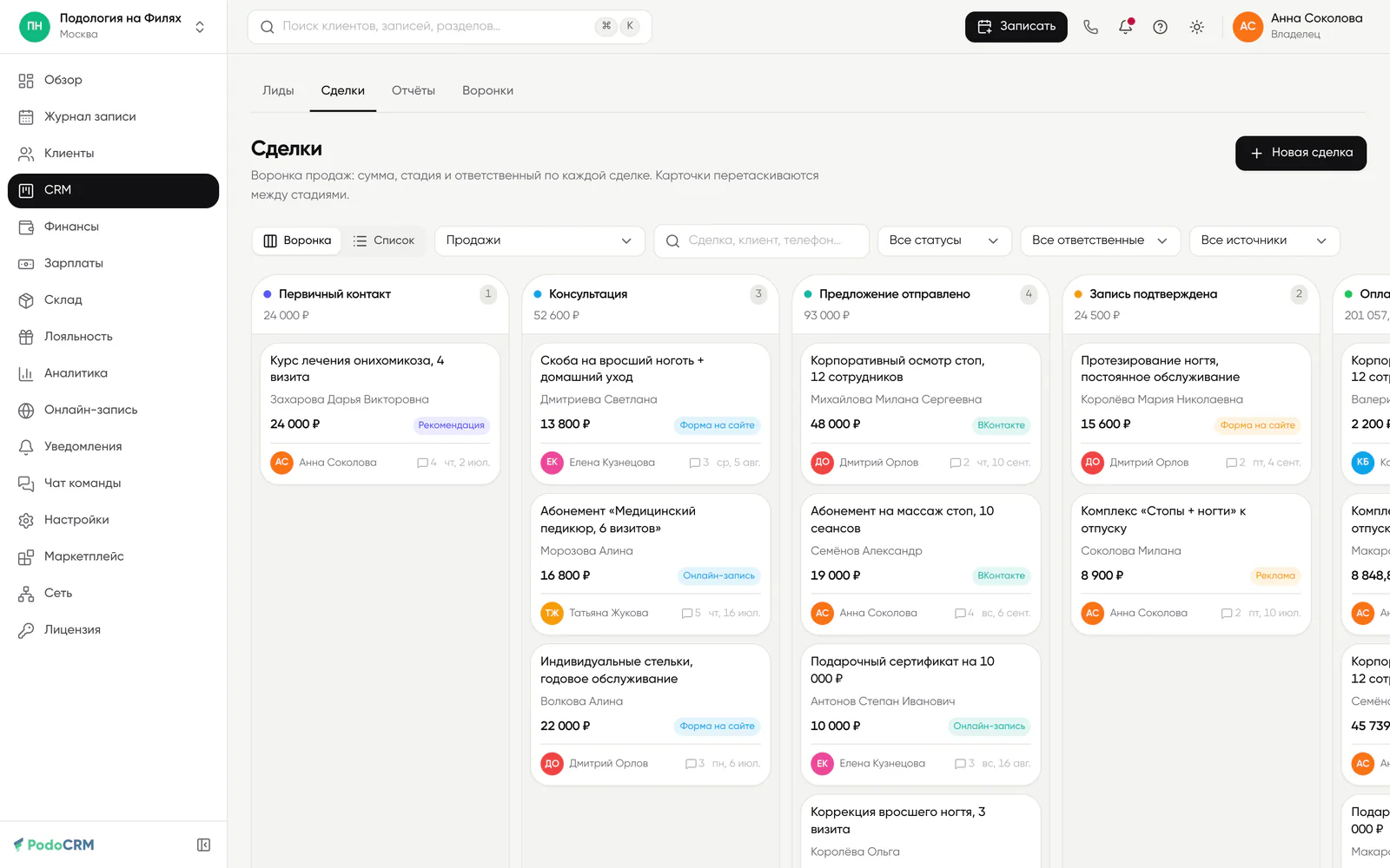 PodoCRM, воронка сделок: курсы лечения, абонементы на&nbsp;медицинский педикюр, корпоративные осмотры стоп по&nbsp;стадиям